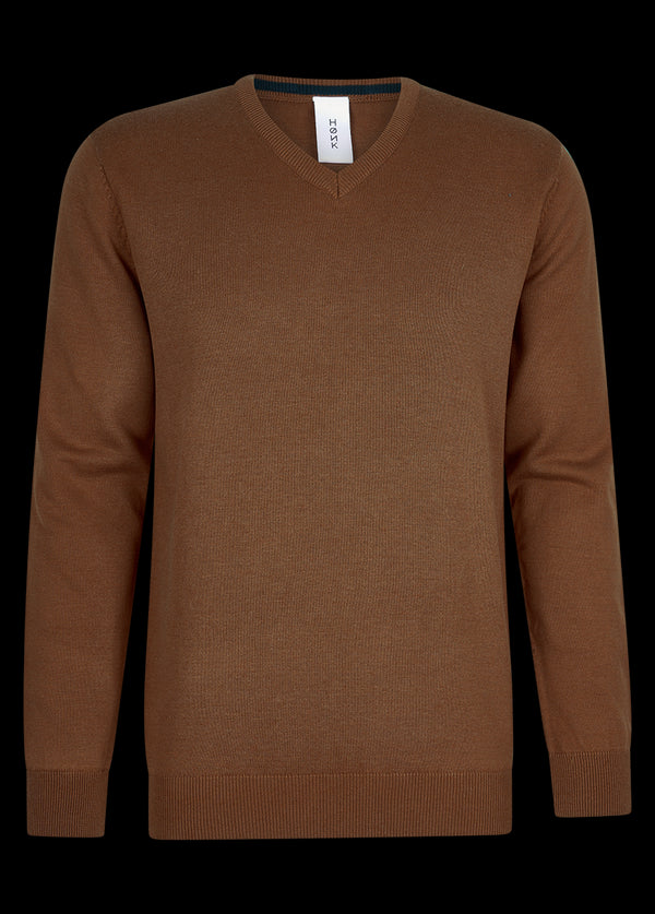 Bruine katoenen pullover met V-hals